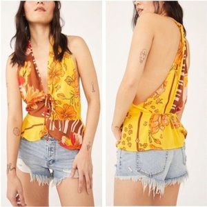 Free People Yellow and Brown Floral Halter Tie-Front Top